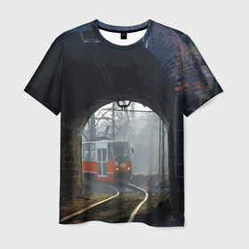 Мужская футболка 3D с принтом Трамвай в Белгороде, 100% полиэфир | прямой крой, круглый вырез горловины, длина до линии бедер | rails | railway | tram | trees | tunnel | деревья | железная дорога | рельсы | тоннель | трамвай