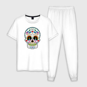 Мужская пижама хлопок с принтом Skull - мексиканский череп в Белгороде, 100% хлопок | брюки и футболка прямого кроя, без карманов, на брюках мягкая резинка на поясе и по низу штанин
 | 