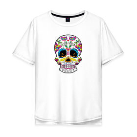 Мужская футболка хлопок Oversize с принтом Мексиканский череп - Skull в Белгороде, 100% хлопок | свободный крой, круглый ворот, “спинка” длиннее передней части | calavera | day of the dead | dia de los muertos | halloween | skull | sugar skull | готика | день мертвых | колдовство | мексиканский череп | мистика | подарок | сахарный череп | цветы | череп