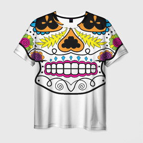 Мужская футболка 3D с принтом Мексиканский череп - Skull в Белгороде, 100% полиэфир | прямой крой, круглый вырез горловины, длина до линии бедер | calavera | day of the dead | dia de los muertos | halloween | skull | sugar skull | готика | день мертвых | колдовство | мексиканский череп | мистика | подарок | сахарный череп | цветы | череп