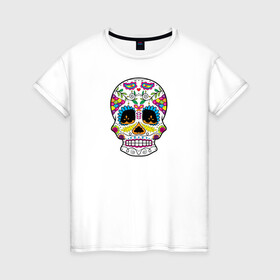 Женская футболка хлопок с принтом Мексиканский череп - Skull в Белгороде, 100% хлопок | прямой крой, круглый вырез горловины, длина до линии бедер, слегка спущенное плечо | calavera | day of the dead | dia de los muertos | halloween | skull | sugar skull | готика | день мертвых | колдовство | мексиканский череп | мистика | подарок | сахарный череп | цветы | череп