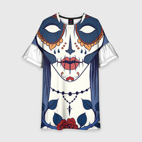 Детское платье 3D с принтом Мексиканский сахарный череп в Белгороде, 100% полиэстер | прямой силуэт, чуть расширенный к низу. Круглая горловина, на рукавах — воланы | day of the dead | dia de los muertos | gothic | halloween | skull | sugar skull | готика | день мертвых | женский череп | мексиканский череп | мистика | подарок | сахарный череп | хэллоуин