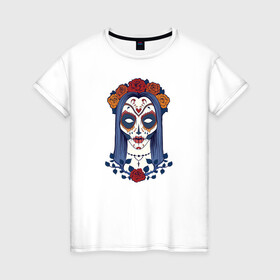Женская футболка хлопок с принтом Мексиканский сахарный череп в Белгороде, 100% хлопок | прямой крой, круглый вырез горловины, длина до линии бедер, слегка спущенное плечо | day of the dead | dia de los muertos | gothic | halloween | skull | sugar skull | готика | день мертвых | женский череп | мексиканский череп | мистика | подарок | сахарный череп | хэллоуин