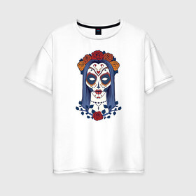 Женская футболка хлопок Oversize с принтом Мексиканский сахарный череп в Белгороде, 100% хлопок | свободный крой, круглый ворот, спущенный рукав, длина до линии бедер
 | day of the dead | dia de los muertos | gothic | halloween | skull | sugar skull | готика | день мертвых | женский череп | мексиканский череп | мистика | подарок | сахарный череп | хэллоуин