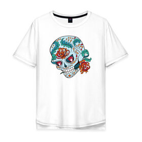 Мужская футболка хлопок Oversize с принтом Череп с цветами в Белгороде, 100% хлопок | свободный крой, круглый ворот, “спинка” длиннее передней части | Тематика изображения на принте: 8 марта | day of the dead | gothic | halloween | skull | sugar skull | день мертвых | женский череп | мексиканский череп | новый год | подарок | сахарный череп | хэллоуин | человек | череп девушки