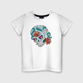 Детская футболка хлопок с принтом Череп с цветами в Белгороде, 100% хлопок | круглый вырез горловины, полуприлегающий силуэт, длина до линии бедер | 8 марта | day of the dead | gothic | halloween | skull | sugar skull | день мертвых | женский череп | мексиканский череп | новый год | подарок | сахарный череп | хэллоуин | человек | череп девушки