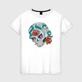 Женская футболка хлопок с принтом Череп с цветами в Белгороде, 100% хлопок | прямой крой, круглый вырез горловины, длина до линии бедер, слегка спущенное плечо | 8 марта | day of the dead | gothic | halloween | skull | sugar skull | день мертвых | женский череп | мексиканский череп | новый год | подарок | сахарный череп | хэллоуин | человек | череп девушки