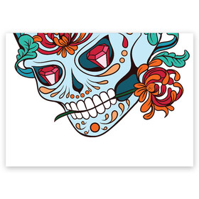 Поздравительная открытка с принтом Череп с цветами в Белгороде, 100% бумага | плотность бумаги 280 г/м2, матовая, на обратной стороне линовка и место для марки
 | 8 марта | day of the dead | gothic | halloween | skull | sugar skull | день мертвых | женский череп | мексиканский череп | новый год | подарок | сахарный череп | хэллоуин | человек | череп девушки