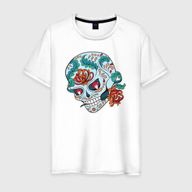 Мужская футболка хлопок с принтом Череп с цветами в Белгороде, 100% хлопок | прямой крой, круглый вырез горловины, длина до линии бедер, слегка спущенное плечо. | Тематика изображения на принте: 8 марта | day of the dead | gothic | halloween | skull | sugar skull | день мертвых | женский череп | мексиканский череп | новый год | подарок | сахарный череп | хэллоуин | человек | череп девушки