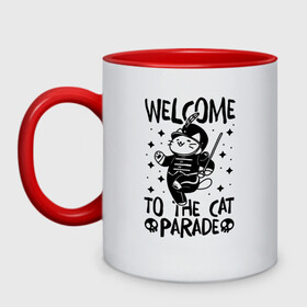 Кружка двухцветная с принтом Welcome to the cat parade в Белгороде, керамика | объем — 330 мл, диаметр — 80 мм. Цветная ручка и кайма сверху, в некоторых цветах — вся внутренняя часть | gerard way | mcr | my chemical romance | альтернативный | группа | джерард уэй | май кемикал романс | мкр | мой химический роман | мхр | мцр | панк | поп | поппанк | рок | рэй торо