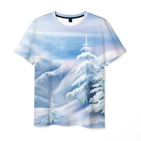 Мужская футболка 3D с принтом Зимние горы в Белгороде, 100% полиэфир | прямой крой, круглый вырез горловины, длина до линии бедер | 