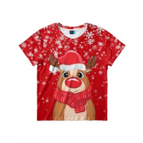 Детская футболка 3D с принтом Новогодний олень в Белгороде, 100% гипоаллергенный полиэфир | прямой крой, круглый вырез горловины, длина до линии бедер, чуть спущенное плечо, ткань немного тянется | в подарок | зима | новогодние | новый год | олень | подарок | рождество | с новым годом | снег | снежинки