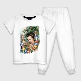 Детская пижама хлопок с принтом Говно с дымом в Белгороде, 100% хлопок |  брюки и футболка прямого кроя, без карманов, на брюках мягкая резинка на поясе и по низу штанин
 | буквы | гирлянда | дым | ёлка | мальчик | новый год | флажки