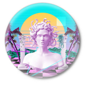 Значок с принтом Медуза Горгона в Белгороде,  металл | круглая форма, металлическая застежка в виде булавки | vaporwave | медуза горгона | неон | пальмы | скульптура | существо