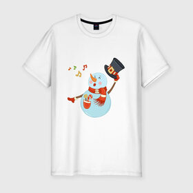 Мужская футболка премиум с принтом Снеговик в Белгороде, 92% хлопок, 8% лайкра | приталенный силуэт, круглый вырез ворота, длина до линии бедра, короткий рукав | 2020 год | арт | новогодняя символика | новый год | подарки | праздник | снеговик | снеговики