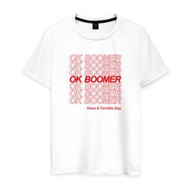 Мужская футболка хлопок с принтом OK BOOMER (RED) в Белгороде, 100% хлопок | прямой крой, круглый вырез горловины, длина до линии бедер, слегка спущенное плечо. | boomer | boomers | generation | internet | meme | ok | ok boomer | young | бумеры | зумеры | интернет | мем | молодежь | ок | ок бумер | окей бумер | поколение