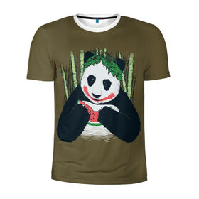 Мужская футболка 3D спортивная с принтом Panda в Белгороде, 100% полиэстер с улучшенными характеристиками | приталенный силуэт, круглая горловина, широкие плечи, сужается к линии бедра | Тематика изображения на принте: animal | арбуз | бамбук | животное | панда