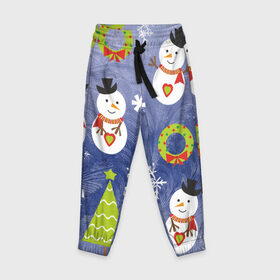 Детские брюки 3D с принтом Снеговики и ёлочки в Белгороде, 100% полиэстер | манжеты по низу, эластичный пояс регулируется шнурком, по бокам два кармана без застежек, внутренняя часть кармана из мелкой сетки | 2020 | christmas | happy | merry | new year | в подарок | детский | елки | милый | новый год | поздравить | рождество | с новым годом | с рождеством | снеговик | снеговики | снежинки