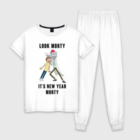 Женская пижама хлопок с принтом LOOK MORTY ITS NEW YEAR MORTY в Белгороде, 100% хлопок | брюки и футболка прямого кроя, без карманов, на брюках мягкая резинка на поясе и по низу штанин | cn_1970499_019061 | rick and morty | мультсериал | новый год | рик и морти | рождество