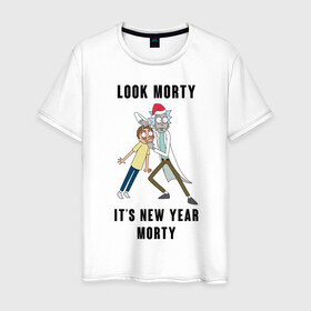 Мужская футболка хлопок с принтом LOOK MORTY ITS NEW YEAR MORTY в Белгороде, 100% хлопок | прямой крой, круглый вырез горловины, длина до линии бедер, слегка спущенное плечо. | Тематика изображения на принте: cn_1970499_019061 | rick and morty | мультсериал | новый год | рик и морти | рождество