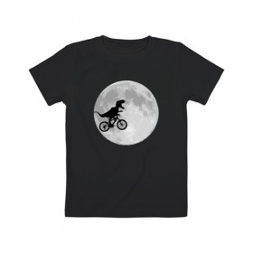 Детская футболка хлопок с принтом T-rex Riding a Bike в Белгороде, 100% хлопок | круглый вырез горловины, полуприлегающий силуэт, длина до линии бедер | Тематика изображения на принте: moon | велосипед | дино | динозавр | кино | космос | луна | парк юрского периода | планета | тень | тирекс | фильм | юрский период