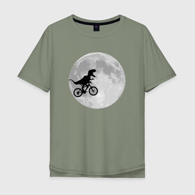 Мужская футболка хлопок Oversize с принтом T-rex Riding a Bike в Белгороде, 100% хлопок | свободный крой, круглый ворот, “спинка” длиннее передней части | moon | велосипед | дино | динозавр | кино | космос | луна | парк юрского периода | планета | тень | тирекс | фильм | юрский период