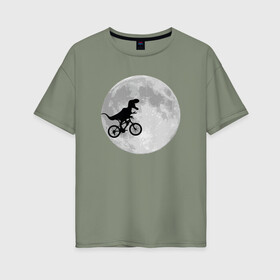 Женская футболка хлопок Oversize с принтом T-rex Riding a Bike в Белгороде, 100% хлопок | свободный крой, круглый ворот, спущенный рукав, длина до линии бедер
 | moon | велосипед | дино | динозавр | кино | космос | луна | парк юрского периода | планета | тень | тирекс | фильм | юрский период