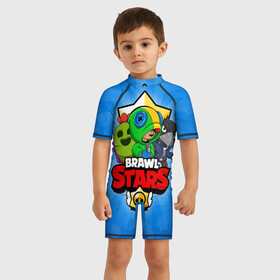 Детский купальный костюм 3D с принтом BRAWL STARS в Белгороде, Полиэстер 85%, Спандекс 15% | застежка на молнии на спине | brawl stars | brawler | crow | leon | spike | бравл старз | бравлер | ворон | леон | спайк