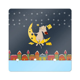 Магнит виниловый Квадрат с принтом Крыса и сырный месяц в Белгороде, полимерный материал с магнитным слоем | размер 9*9 см, закругленные углы | Тематика изображения на принте: 2020 | mouse | rat | годкрысы | годмыши | зима | зимняя | крыса | мороз | мышка | мышь | новогодняя | новый год | новый год 2020 | рождество | симолгода | снег | холод