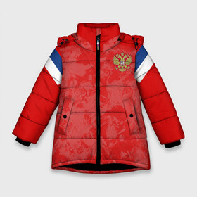 Зимняя куртка для девочек 3D с принтом Russia home EURO 2020 в Белгороде, ткань верха — 100% полиэстер; подклад — 100% полиэстер, утеплитель — 100% полиэстер. | длина ниже бедра, удлиненная спинка, воротник стойка и отстегивающийся капюшон. Есть боковые карманы с листочкой на кнопках, утяжки по низу изделия и внутренний карман на молнии. 

Предусмотрены светоотражающий принт на спинке, радужный светоотражающий элемент на пуллере молнии и на резинке для утяжки. | Тематика изображения на принте: championship | cup | dzyuba | russia | tdrfifa19 | world | артем | дзюба | европы | мира | мундиаль | россия | чемпионат
