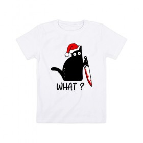 Детская футболка хлопок с принтом Новогодний кот с ножом в Белгороде, 100% хлопок | круглый вырез горловины, полуприлегающий силуэт, длина до линии бедер | cat | kitten | knife | what | дед мороз | кетчуп | кот | котёнок | кошка | кровь | новы год | нож | рождество | что | шапка