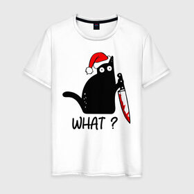 Мужская футболка хлопок с принтом Новогодний кот с ножом в Белгороде, 100% хлопок | прямой крой, круглый вырез горловины, длина до линии бедер, слегка спущенное плечо. | Тематика изображения на принте: cat | kitten | knife | what | дед мороз | кетчуп | кот | котёнок | кошка | кровь | новы год | нож | рождество | что | шапка