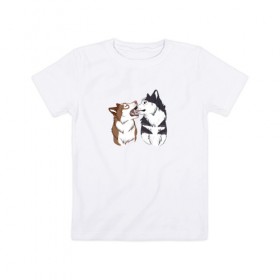 Детская футболка хлопок с принтом Две Хаски в Белгороде, 100% хлопок | круглый вырез горловины, полуприлегающий силуэт, длина до линии бедер | Тематика изображения на принте: две хаски | друзья | питомцы | рисунок | собаки | хаски