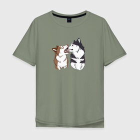 Мужская футболка хлопок Oversize с принтом Две Хаски в Белгороде, 100% хлопок | свободный крой, круглый ворот, “спинка” длиннее передней части | Тематика изображения на принте: две хаски | друзья | питомцы | рисунок | собаки | хаски
