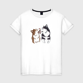 Женская футболка хлопок с принтом Две Хаски в Белгороде, 100% хлопок | прямой крой, круглый вырез горловины, длина до линии бедер, слегка спущенное плечо | Тематика изображения на принте: две хаски | друзья | питомцы | рисунок | собаки | хаски
