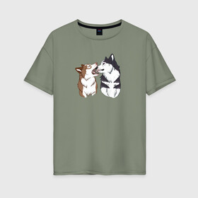 Женская футболка хлопок Oversize с принтом Две Хаски в Белгороде, 100% хлопок | свободный крой, круглый ворот, спущенный рукав, длина до линии бедер
 | Тематика изображения на принте: две хаски | друзья | питомцы | рисунок | собаки | хаски