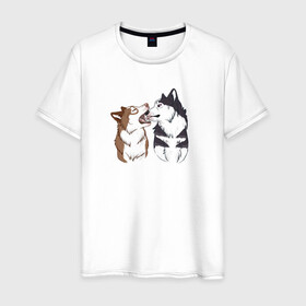 Мужская футболка хлопок с принтом Две Хаски в Белгороде, 100% хлопок | прямой крой, круглый вырез горловины, длина до линии бедер, слегка спущенное плечо. | две хаски | друзья | питомцы | рисунок | собаки | хаски