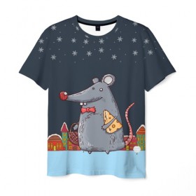 Мужская футболка 3D с принтом Мышка с сыром в Белгороде, 100% полиэфир | прямой крой, круглый вырез горловины, длина до линии бедер | Тематика изображения на принте: 2020 | mouse | rat | годкрысы | годмыши | зима | зимняя | крыса | мороз | мышка | мышь | новогодняя | новый год | новый год 2020 | рождество | симолгода | снег | холод