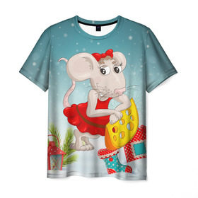 Мужская футболка 3D с принтом Милая мышка с сыром в Белгороде, 100% полиэфир | прямой крой, круглый вырез горловины, длина до линии бедер | 2020 | mouse | rat | годкрысы | годмыши | зима | зимняя | крыса | мороз | мышка | мышь | новогодняя | новый год | новый год 2020 | рождество | симолгода | снег | холод
