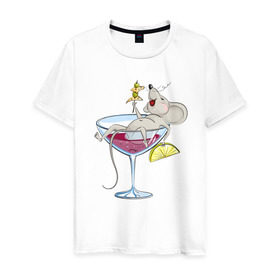 Мужская футболка хлопок с принтом Мышка в коктейле в Белгороде, 100% хлопок | прямой крой, круглый вырез горловины, длина до линии бедер, слегка спущенное плечо. | 