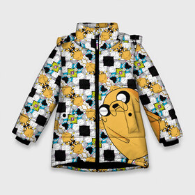 Зимняя куртка для девочек 3D с принтом Jake Adventure Time в Белгороде, ткань верха — 100% полиэстер; подклад — 100% полиэстер, утеплитель — 100% полиэстер. | длина ниже бедра, удлиненная спинка, воротник стойка и отстегивающийся капюшон. Есть боковые карманы с листочкой на кнопках, утяжки по низу изделия и внутренний карман на молнии. 

Предусмотрены светоотражающий принт на спинке, радужный светоотражающий элемент на пуллере молнии и на резинке для утяжки. | Тематика изображения на принте: adventure time | dsgnosadchaya | vdosadir | время приключений | джейк | пендлтон уорд | финн