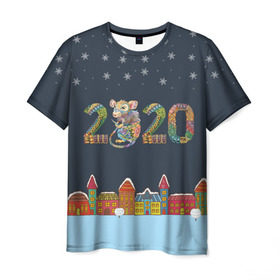 Мужская футболка 3D с принтом Новый Год 2020 - год крысы в Белгороде, 100% полиэфир | прямой крой, круглый вырез горловины, длина до линии бедер | Тематика изображения на принте: 2020 | mouse | rat | годкрысы | годмыши | зима | зимняя | крыса | мороз | мышка | мышь | новогодняя | новый год | новый год 2020 | рождество | симолгода | снег | холод
