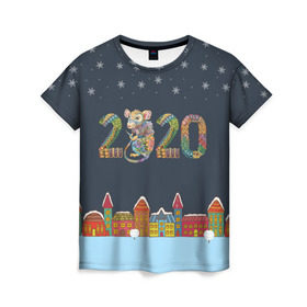 Женская футболка 3D с принтом Новый Год 2020 - год крысы в Белгороде, 100% полиэфир ( синтетическое хлопкоподобное полотно) | прямой крой, круглый вырез горловины, длина до линии бедер | 2020 | mouse | rat | годкрысы | годмыши | зима | зимняя | крыса | мороз | мышка | мышь | новогодняя | новый год | новый год 2020 | рождество | симолгода | снег | холод