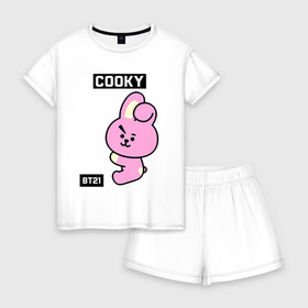 Женская пижама с шортиками хлопок с принтом COOKY BT21 в Белгороде, 100% хлопок | футболка прямого кроя, шорты свободные с широкой мягкой резинкой | bt21 | bts | chimmy | cooky | koya | love yourself. | mang | rj | shooky | tata | бт21 | бтс