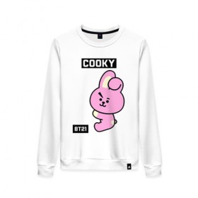 Женский свитшот хлопок с принтом COOKY BT21 в Белгороде, 100% хлопок | прямой крой, круглый вырез, на манжетах и по низу широкая трикотажная резинка  | Тематика изображения на принте: bt21 | bts | chimmy | cooky | koya | love yourself. | mang | rj | shooky | tata | бт21 | бтс