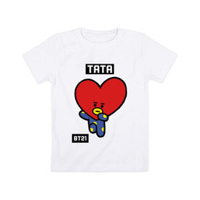 Детская футболка хлопок с принтом TATA BT21 в Белгороде, 100% хлопок | круглый вырез горловины, полуприлегающий силуэт, длина до линии бедер | Тематика изображения на принте: bt21 | bts | chimmy | cooky | koya | love yourself. | mang | rj | shooky | tata | бт21 | бтс