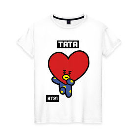 Женская футболка хлопок с принтом TATA BT21 в Белгороде, 100% хлопок | прямой крой, круглый вырез горловины, длина до линии бедер, слегка спущенное плечо | bt21 | bts | chimmy | cooky | koya | love yourself. | mang | rj | shooky | tata | бт21 | бтс