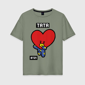 Женская футболка хлопок Oversize с принтом TATA BT21 в Белгороде, 100% хлопок | свободный крой, круглый ворот, спущенный рукав, длина до линии бедер
 | bt21 | bts | chimmy | cooky | koya | love yourself. | mang | rj | shooky | tata | бт21 | бтс