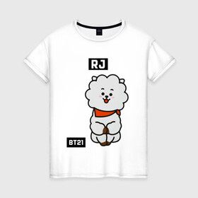 Женская футболка хлопок с принтом RJ BT21 в Белгороде, 100% хлопок | прямой крой, круглый вырез горловины, длина до линии бедер, слегка спущенное плечо | bt21 | bts | chimmy | cooky | koya | love yourself. | mang | rj | shooky | tata | бт21 | бтс