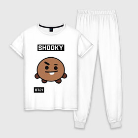 Женская пижама хлопок с принтом SHOOKY BT21 в Белгороде, 100% хлопок | брюки и футболка прямого кроя, без карманов, на брюках мягкая резинка на поясе и по низу штанин | bt21 | bts | chimmy | cooky | koya | love yourself. | mang | rj | shooky | tata | бт21 | бтс